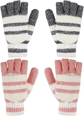 SATINIOR 2 Pairs Winter Knitted Fingerless Gloves Convertible Winter Gloves Warm Wool Mittens for Women and Men (Pink, Black), Medium