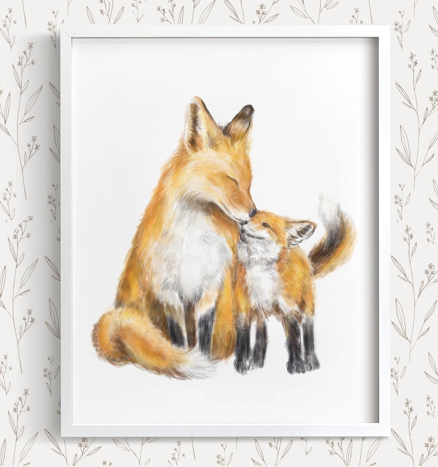 Triple Studio Baby Fox and Mom Art Print, Boho Wall Decor, Forest Animals, Nursery Minimalist Newborn Baby Room, Earth Tone Monochromatic, UNFRAMED, Signed by Artist (12x16)