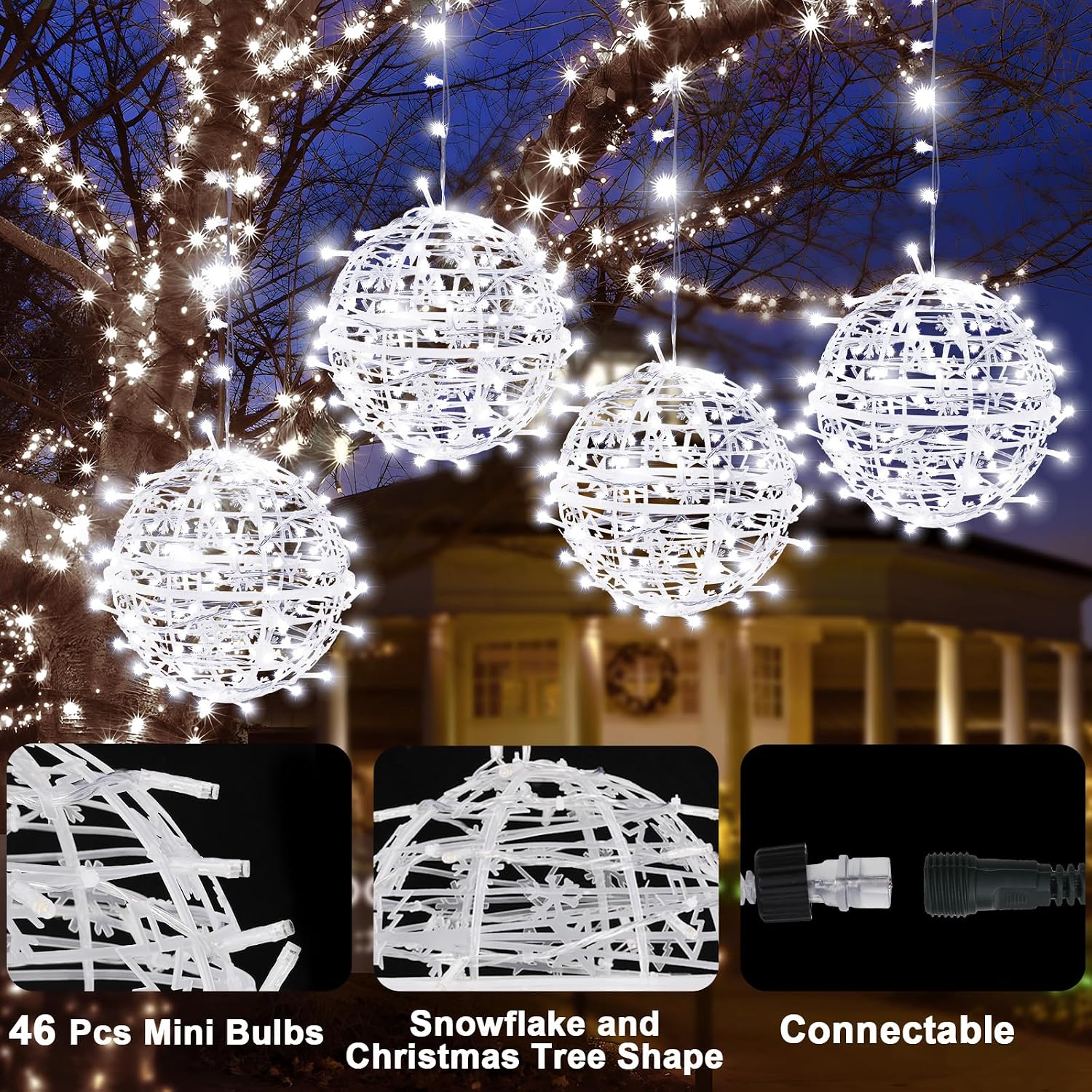 Likiyol Christmas Light Balls Outdoor 8 Pack 8" Sphere Christmas Lights with Plug, Hanging Tree Garden Globe Lights Waterproof String Lights for Yard, Patio, Porch, Party, Holiday Decor（Cool White）