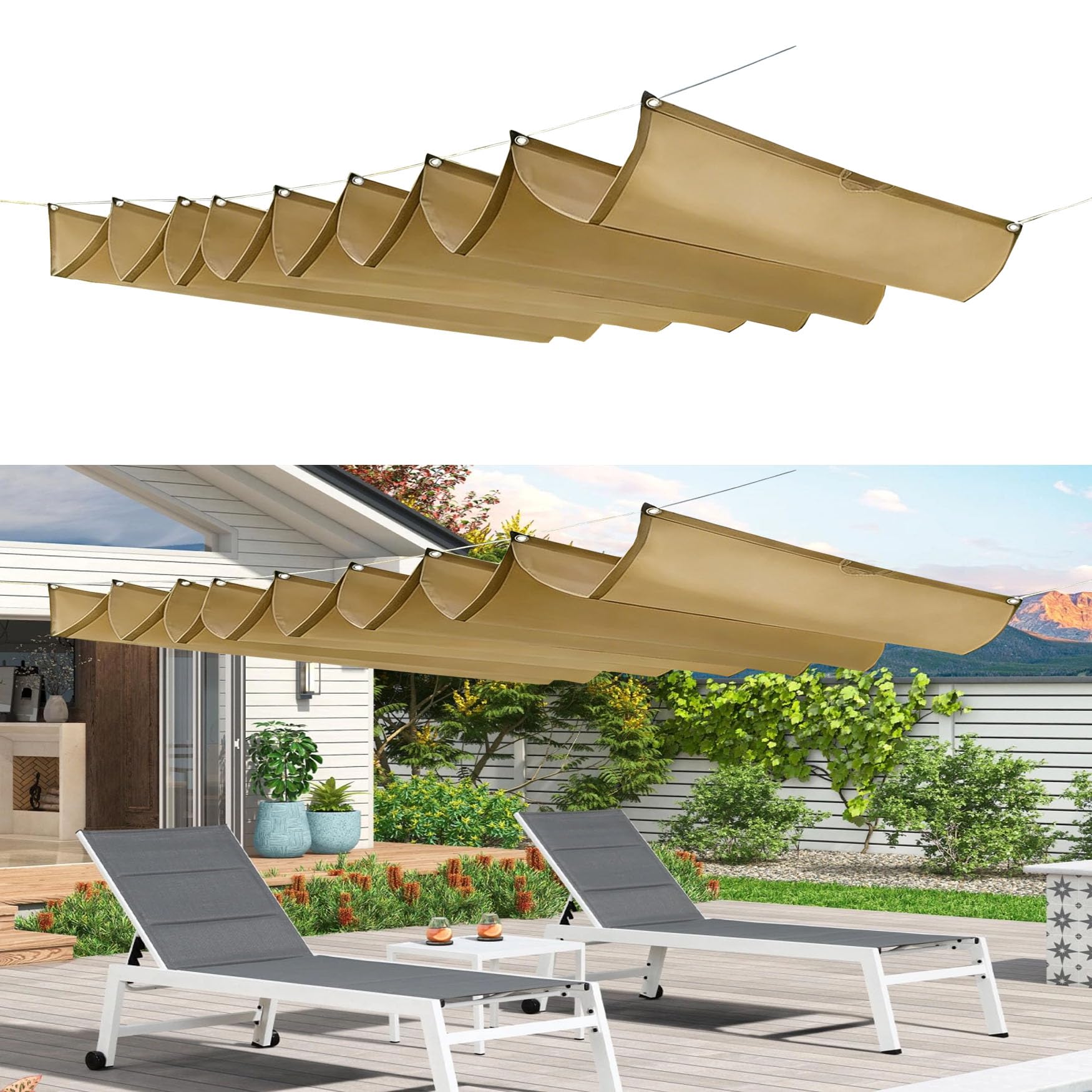 Voile ombrage rétractable vague kaki pour sublimer la terrasse d'un hôtel ou patio