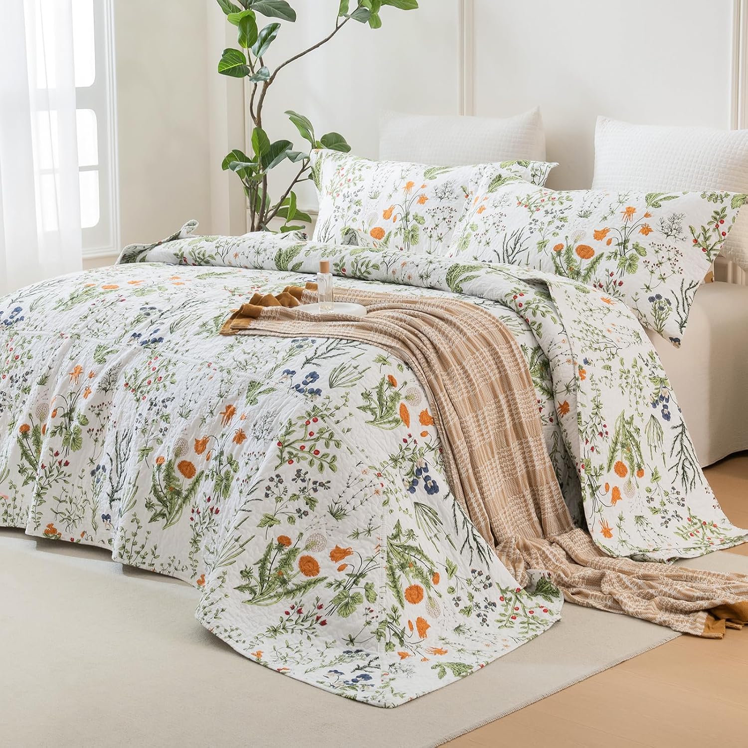 QSH 3Pcs Oversized King Quilt Set(120"x120"),100% Cotton Floral Bedspreads Bedding California King Yellow Flower Leaves Plant Botanical Printed Bedspread Coverlet Spring Lightweight Soft Bed Set - Image 6