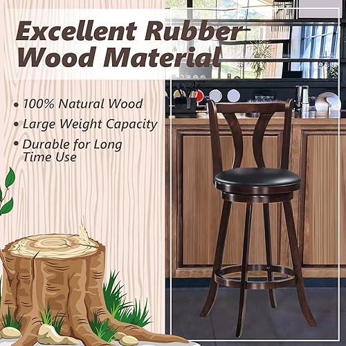 Miniatura 4 de COSTWAY Juego de 2 taburetes giratorios de 360 grados con asiento acolchado de cuero, respaldo de listones individuales y patas de madera de goma