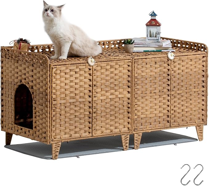 Cat Litter Box Enclosure for 2 Cats, Double Litter Box Furniture with Litter Mat, Large Rattan Hidden Kitty Cat House with Double Room and Doors, 2 S-Shaped Hooks, 2 Inch Fence Natural