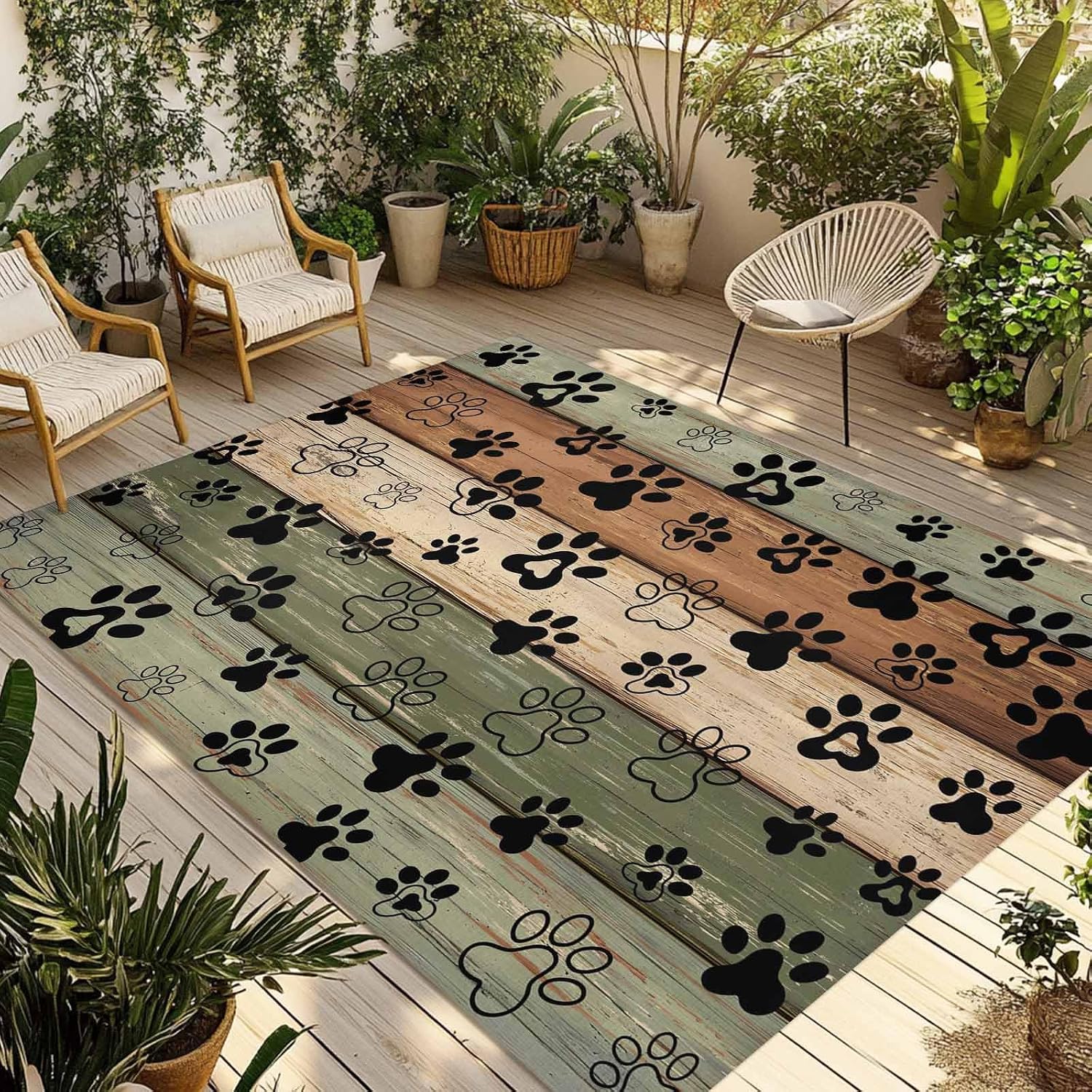 Sage Green Brown Outdoor Rug, 4x6 Feet Outdoor Plastic Straw Rug, Stainproof Patio Rug, Indoor Outdoor Carpet, Farmhouse Dog Paw Vintage Area Rug Outside for Patio, Picnic, Balcony, Deck, Backyard