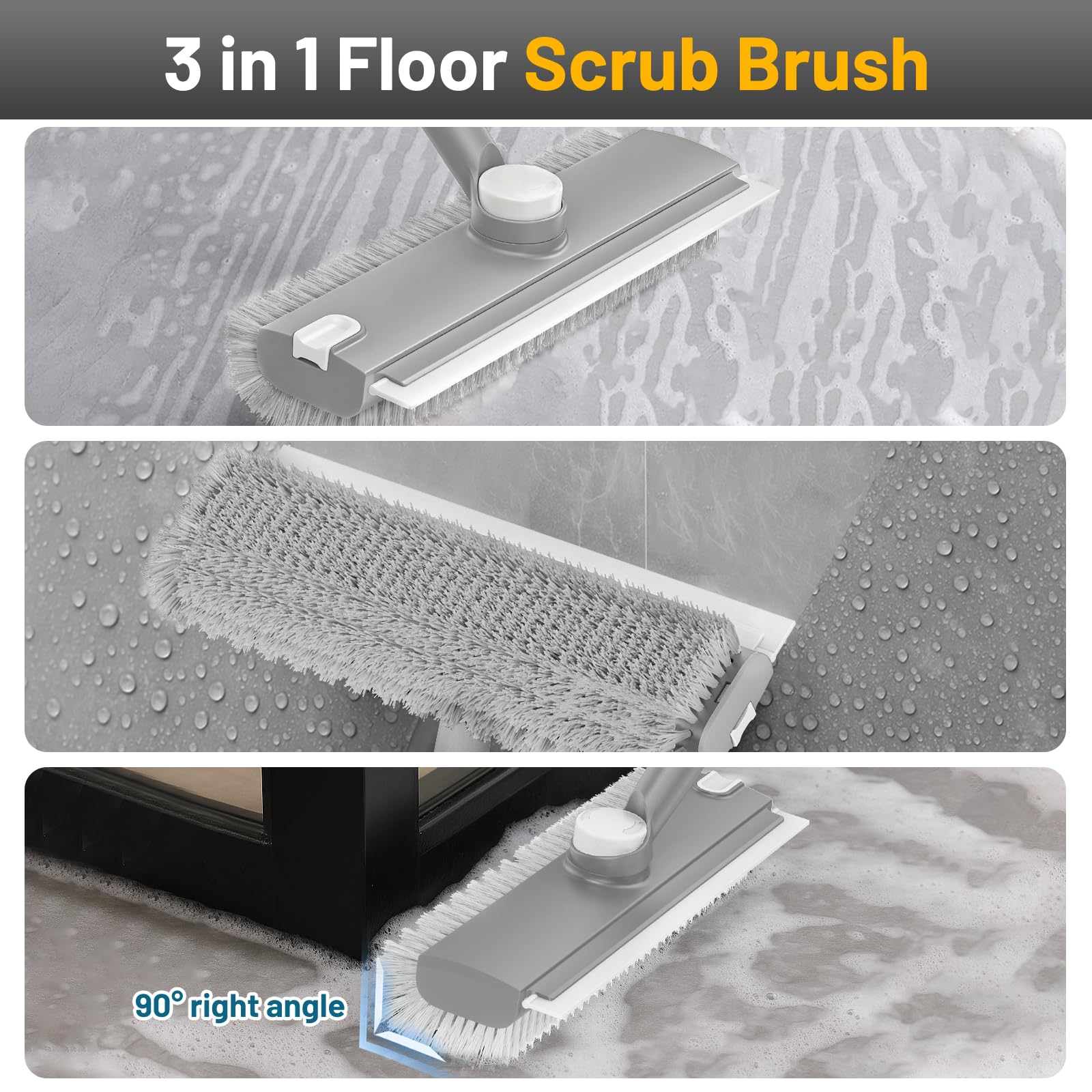 Cepillo de limpieza de suelo con mango largo: 3 en 1, cepillo de limpieza de suelos resistente con escobilla para limpiar azulejos, baño, terraza, cocina, patio, color gris