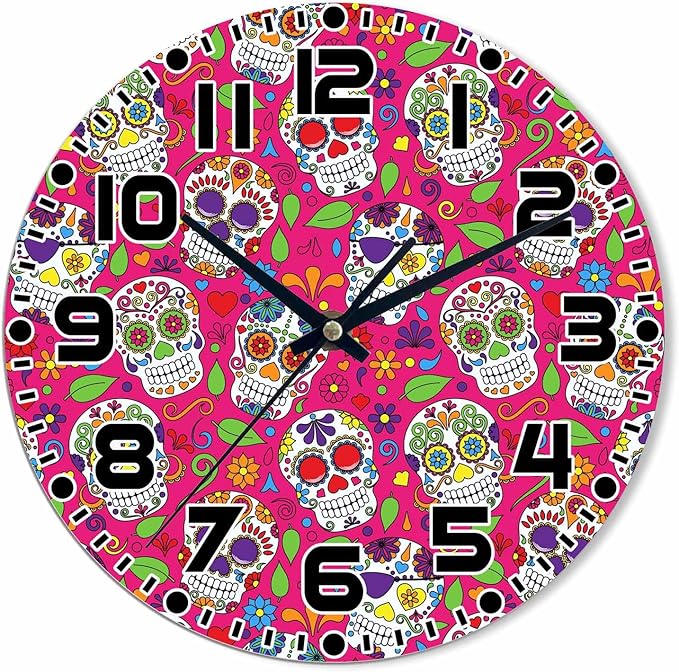 Sugar Skull Wall Clock Battery Operated Colorful Wall Clock Silent Non Ticking Quality Quartz 10 Inch Round Easy Clock to Read for Home Office