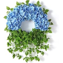 Artificial Hydrangea Wreath for Front Door Outside - Fake Hydrangea Soft Textured Ivy, Spring Summer Greenery Flowers Wreath, for Home Mantel Window Farmhouse Decor 23", Blue