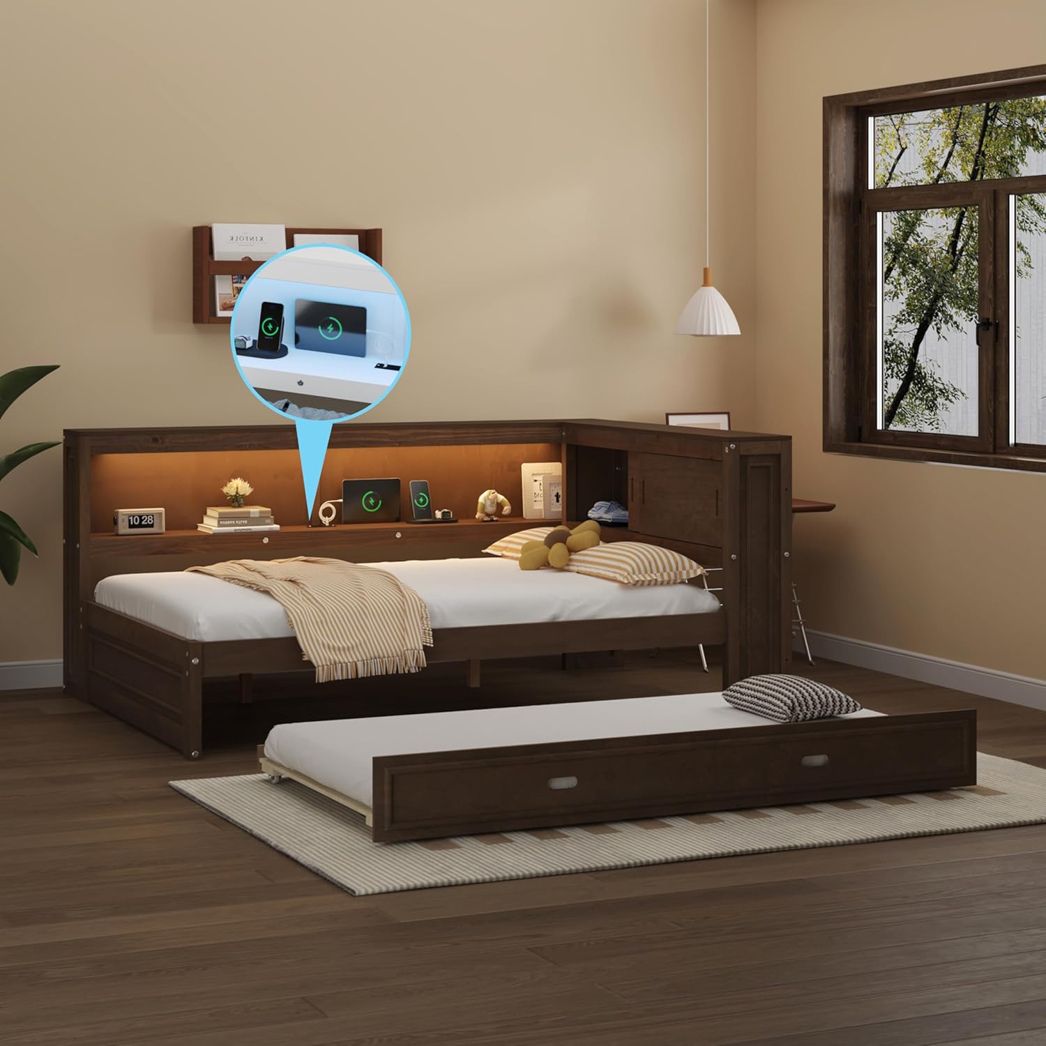 Polibi Full Size Wood Daybed with Storage Shelves and Trundle,L Shaped Daybed with USB Ports and LED Light,Trundle Daybed for Teens,Antique Wood Color