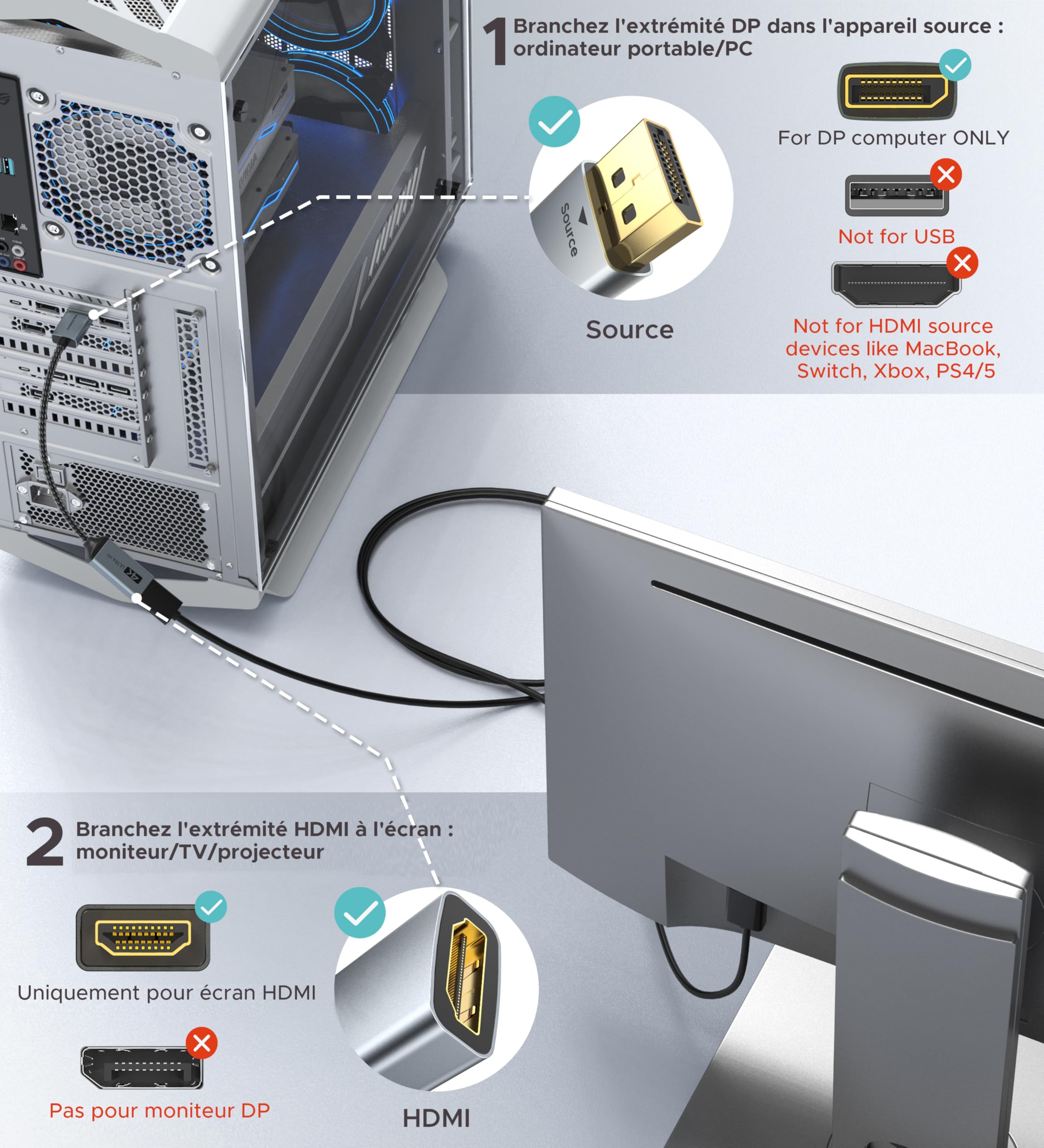 WARRKY Adaptateur DisplayPort vers HDMI 4K, Convertisseur DP 1.2 vers HDMI 1.4 Nylon Tressé pour Lenovo, HP, Dell, ASUS - Gris