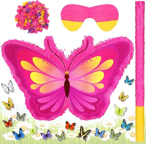 Piñata de mariposa de verano con adhesivo de pared de mariposa 3D y un confeti con los ojos vendados para decoración de verano, accesorios de fiesta