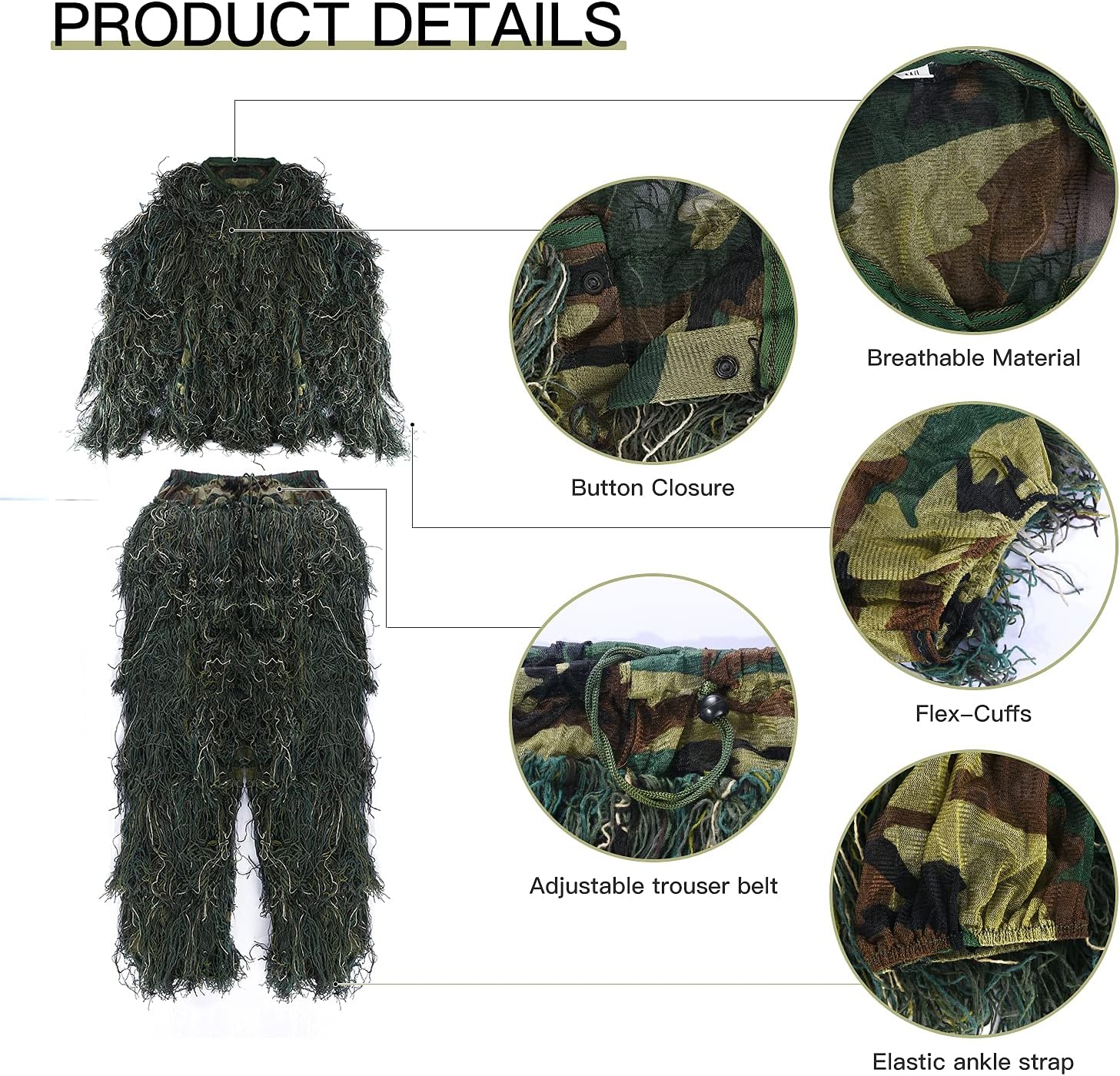 5 in 1 Ghillie Suit Outdoor 3D Hunting Apparel Including Jacket, Pants Hood, Bag for Man Jungle Woodland Hunting Shooting