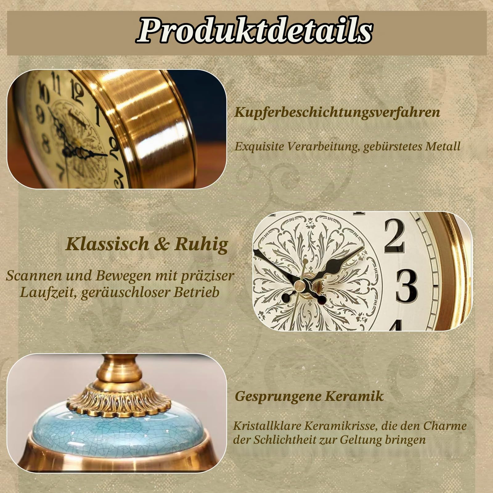 Vintage Tischuhr, Vintage Standuhr, Antik Silent tischuhr für Wohnzimmer | Klassische Nostalgie Tischuhr im Europäischen Stil, Tischuhren für Zuhause, Wohnzimmer, Schlafzimmer
