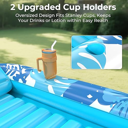Miniatura 5 de Flotador inflable de bronceado para piscina con lona de protección, flotadores de piscina de 85 x 57 pulgadas para adultos con almohada, flotador de
