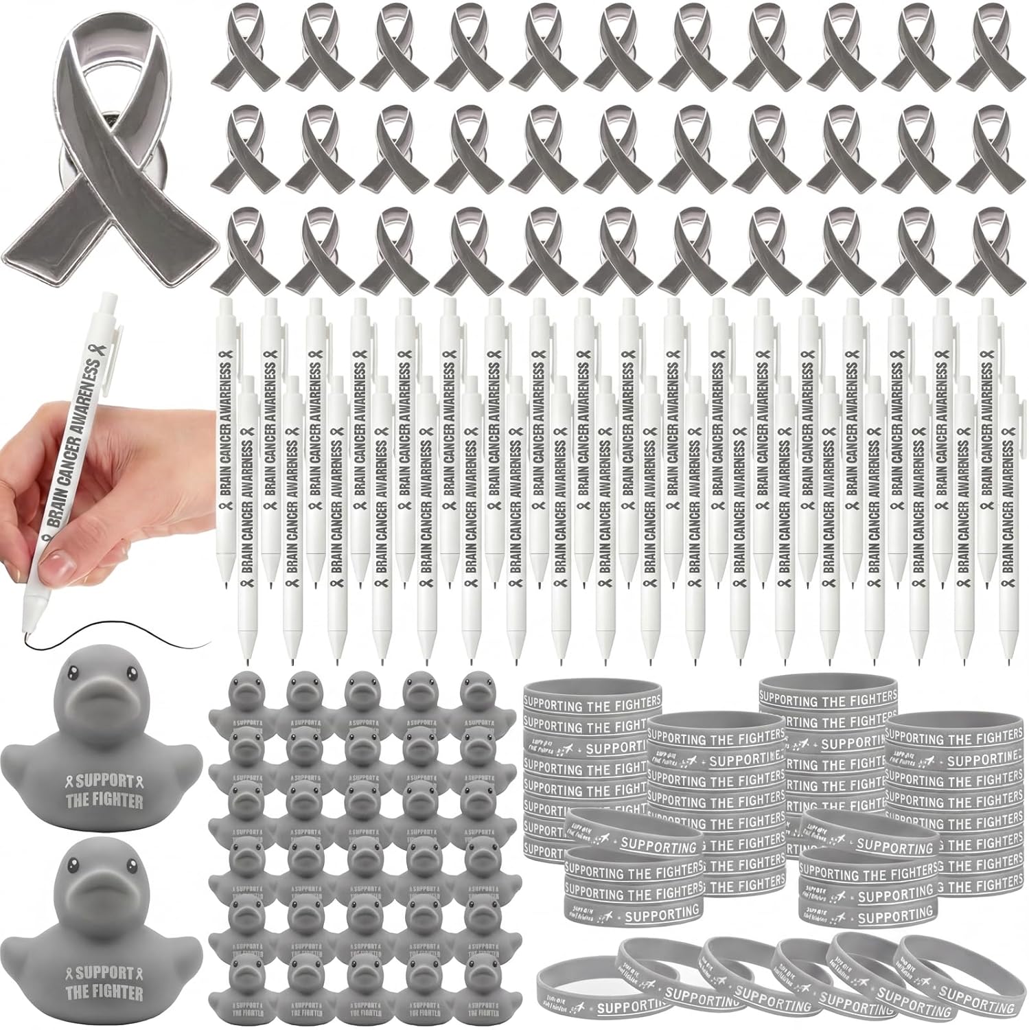 JellyArch 245 Pcs Brain Cancer Awareness Items Bulk, Gray Ribbon Ballpoint Pen with Support Fight Silicone Bracelets, Brain Tumor Pins and Motivational Ducks for Fundraisers Accessories