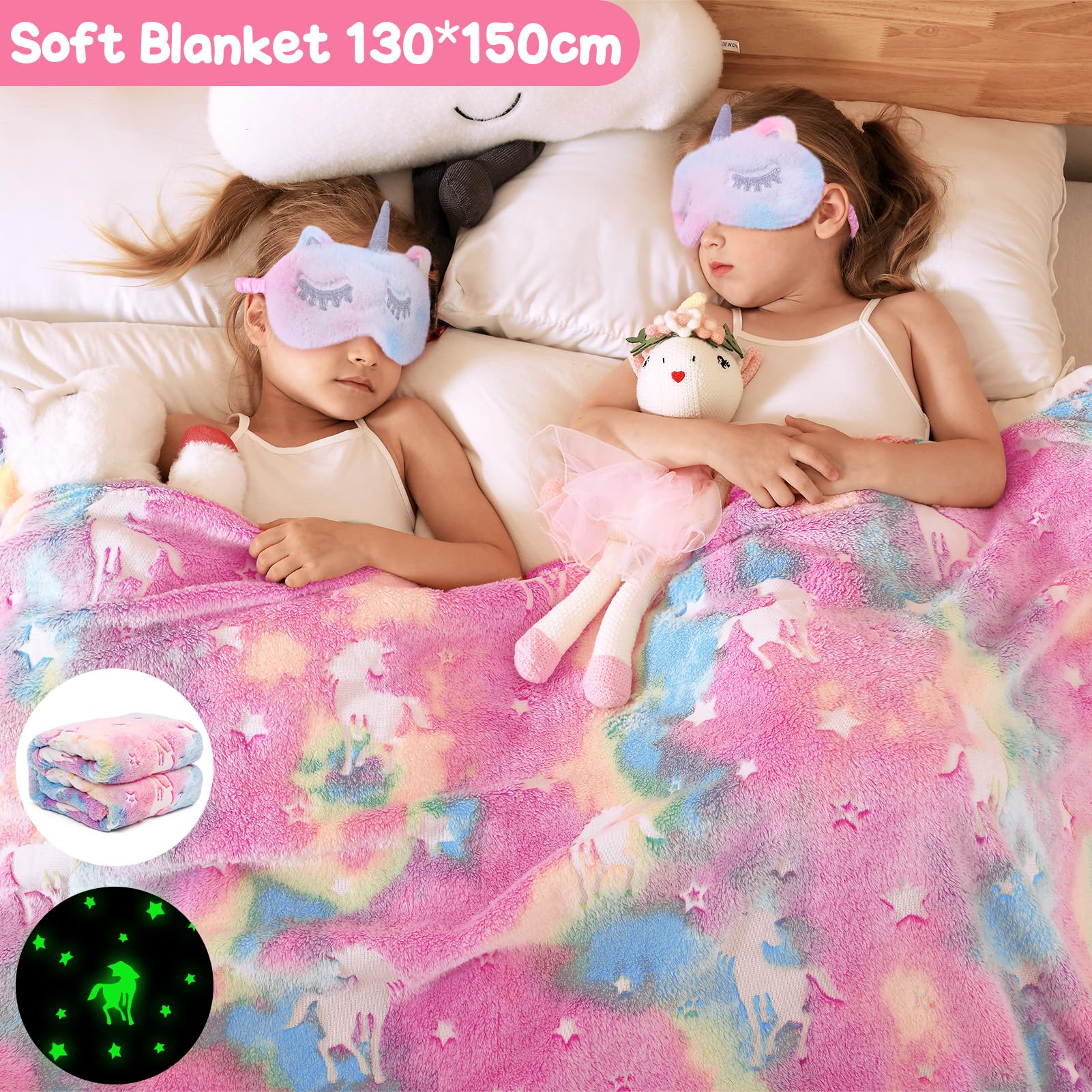 Toyssa Einhorn Geschenke für Mädchen 5-10 Jahren Leuchtend Kuscheldecke Kissenbezug Thermosflasche 500ml Badebomben Augenmaske Geburtstag