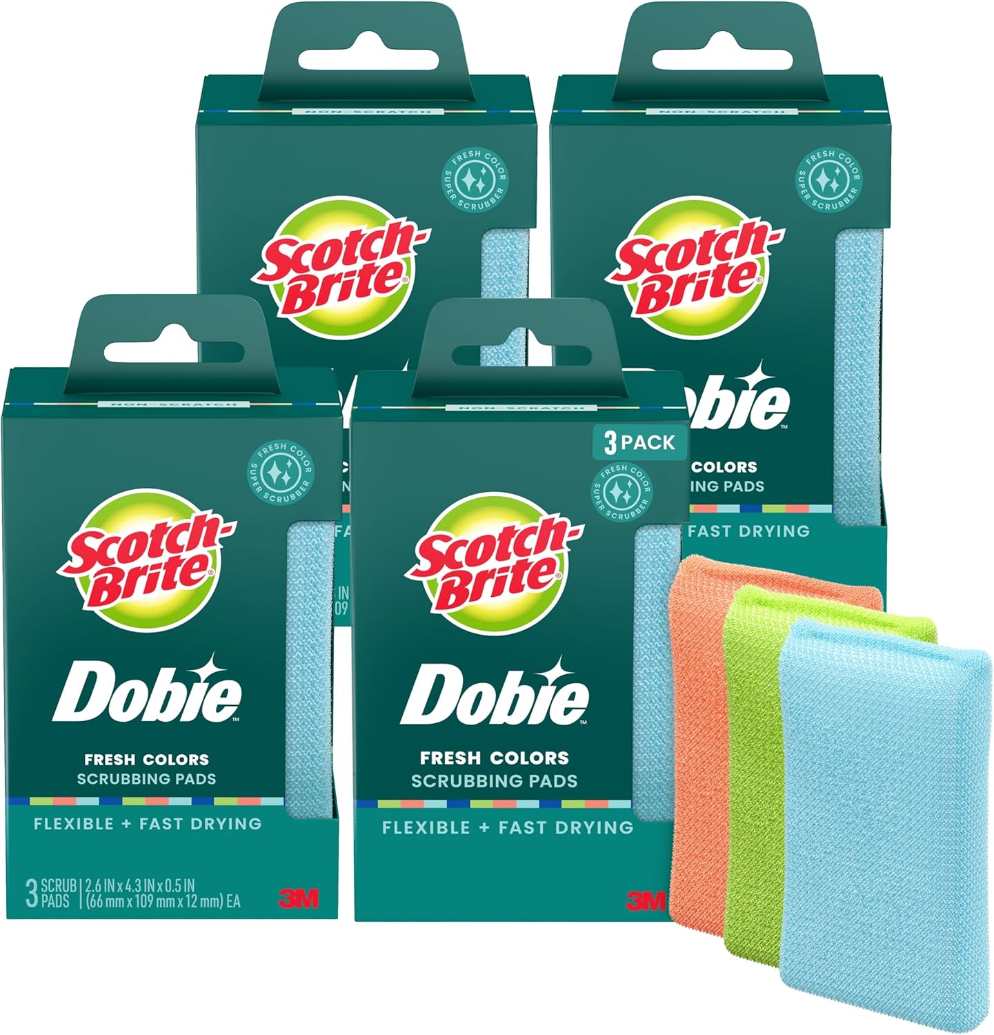 Scotch-Brite Dobie Non-Scratch All-Purpose Scrub Pads, Original Cleaning Sponges for Kitchen & Bathroom, Safe on Non-Stick Cookware, Reusable (12 Pads, 4 Packs of 3, Assorted Colors)