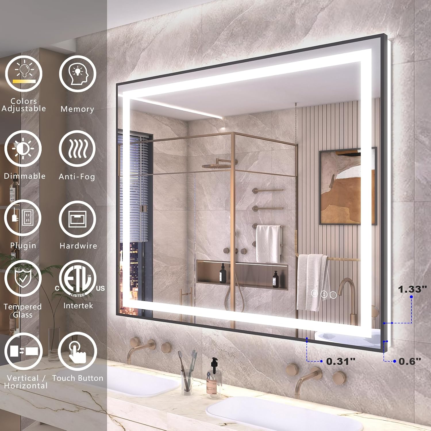 OKPAL 48x36 Black Lighted Bathroom Mirror, LED Bathroom Mirror with Lights, Anti-Fog Lighted Vanity Mirror, Dimmable, Shatterproof, Memory, 3 Colors, ETL Listed (Front Light and Backlit)