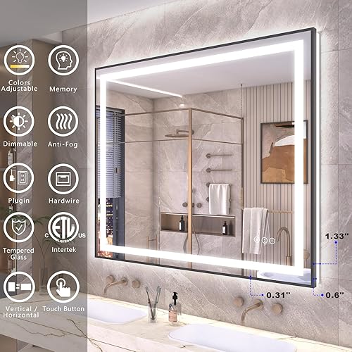 Miniatura 7 de OKPAL Espejo LED enmarcado de 40 x 30 pulgadas para baño, espejo de baño iluminado negro con luces, espejo de tocador LED frontal y retroiluminado,