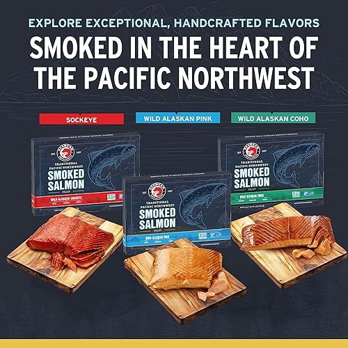 Vista 5 de SeaBear Smoked Salmon Trip 18oz (3 x 6oz) Fillets Gift Box – Wild Alaska Sockeye, Wild Pink & Wild Coho Fillets, Shelf Stable, Ready to Eat, 18