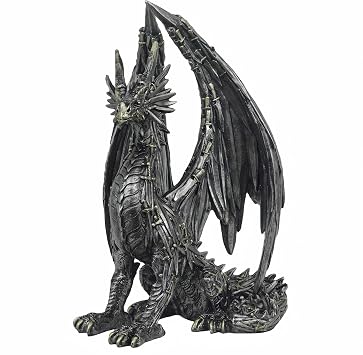 GENUINQ 15H Resin Medieval Steampunk Sitting Dragon Statue Black | collective decoration fantasy office desk shelf counter display retro cyber sculpture gifts