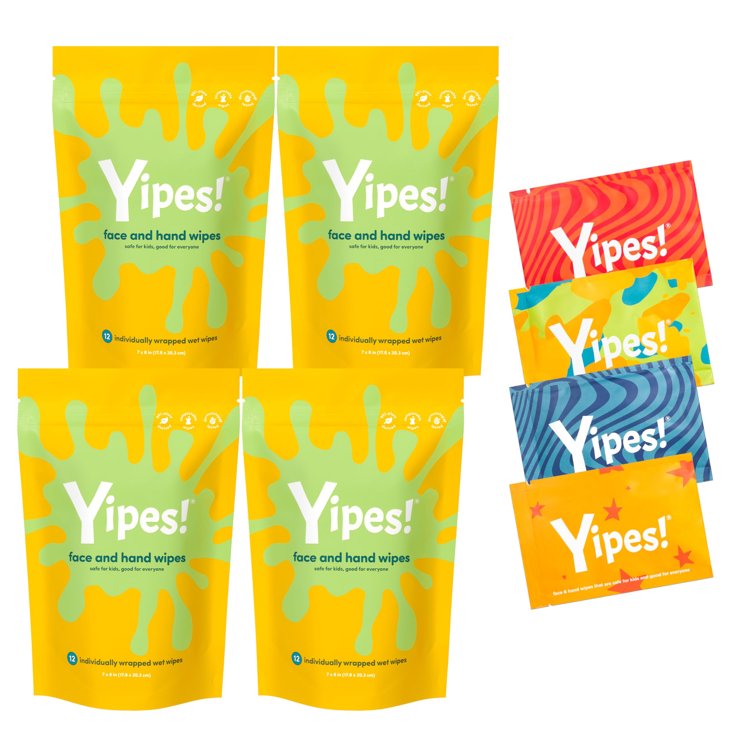 Yipes! Toallitas húmedas compostables para piel sensible para niños, envueltas individualmente, imprescindibles para el aula, artículos esenciales de viaje, para mochilas, loncheras, suministros para