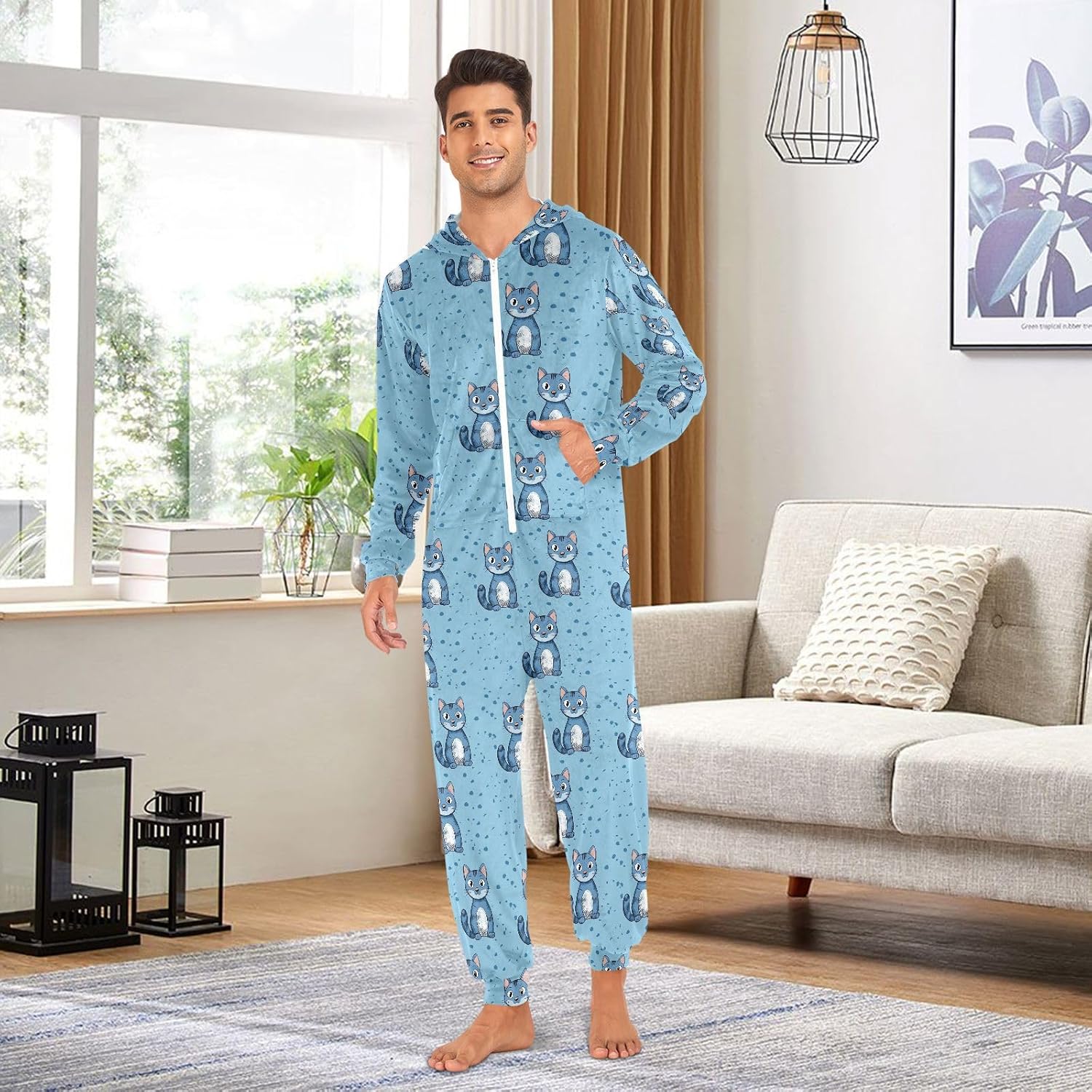 Cute Cats Blue Polka Dots Zipper Hooded Adult Jumpsuit Pajamas with Pockets XS-3XL