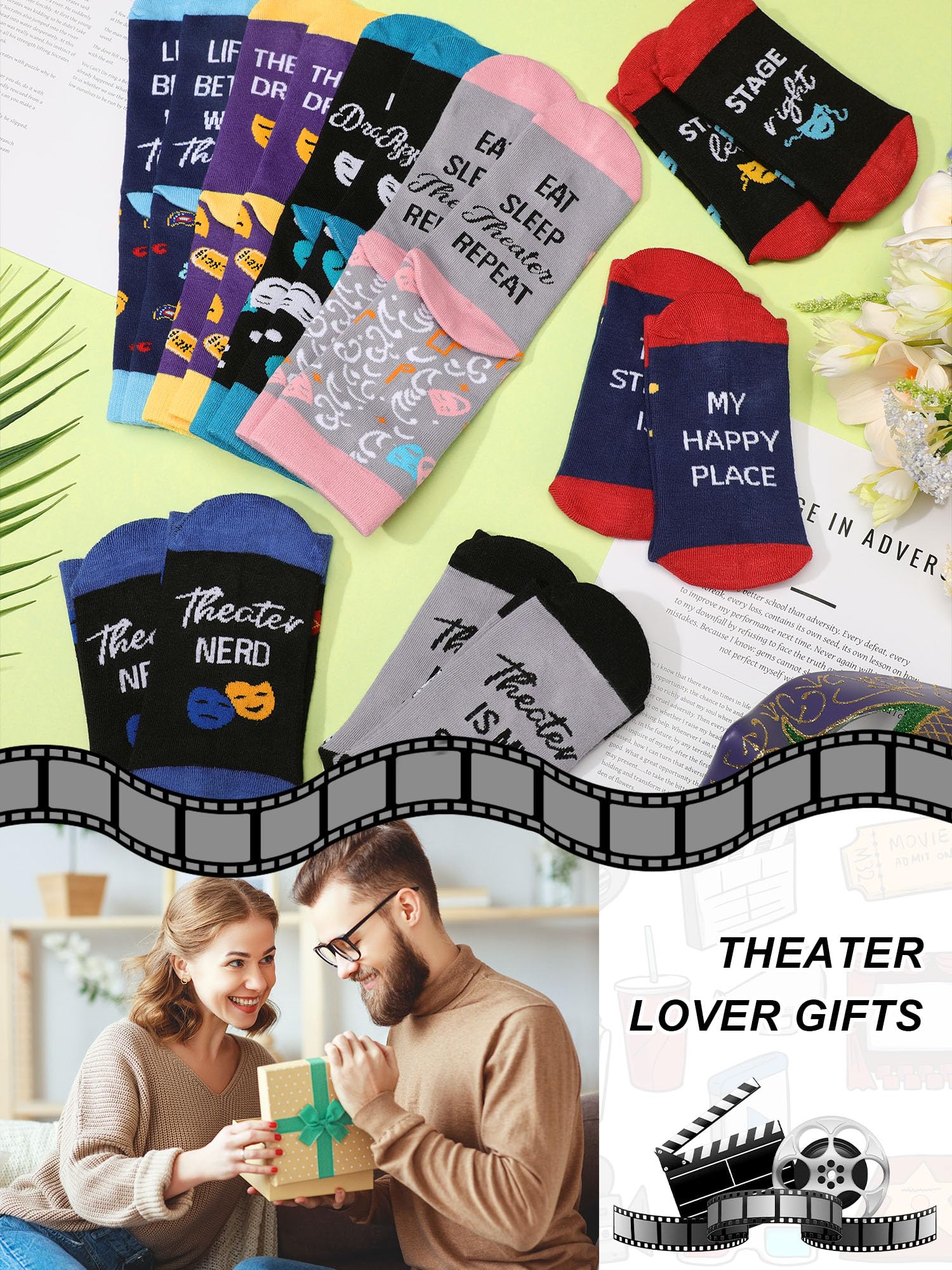 8 Pairs Funny Theater Socks Gifts for Men Women Novelty Drama Broadway Casual Crew Socks Theater Lover Gifts for Birthday Christmas