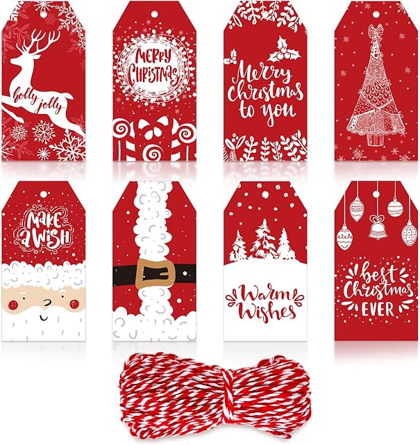 AnyDesign 80Pcs Christmas Paper Gift Tags Red White Printed Xmas Hanging Tags with Cotton Rope Pre-Punched with Holes Hanging Labels for Winter Holiday DIY Crafts Party Favor Supplies, 8 Styles