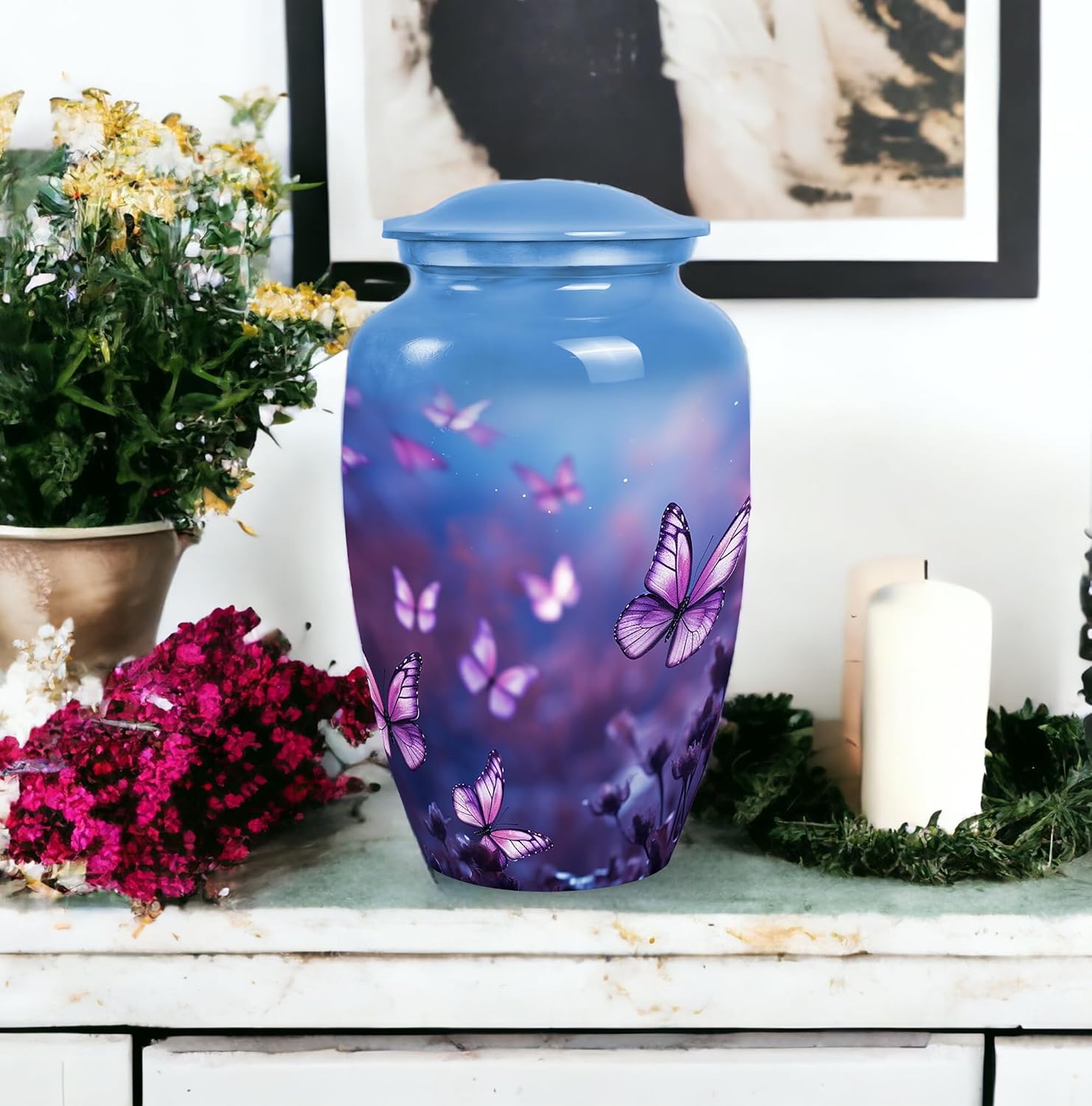 Butterfly Urn - Large Purple Aluminum Cremation Urn for Adult Ashes