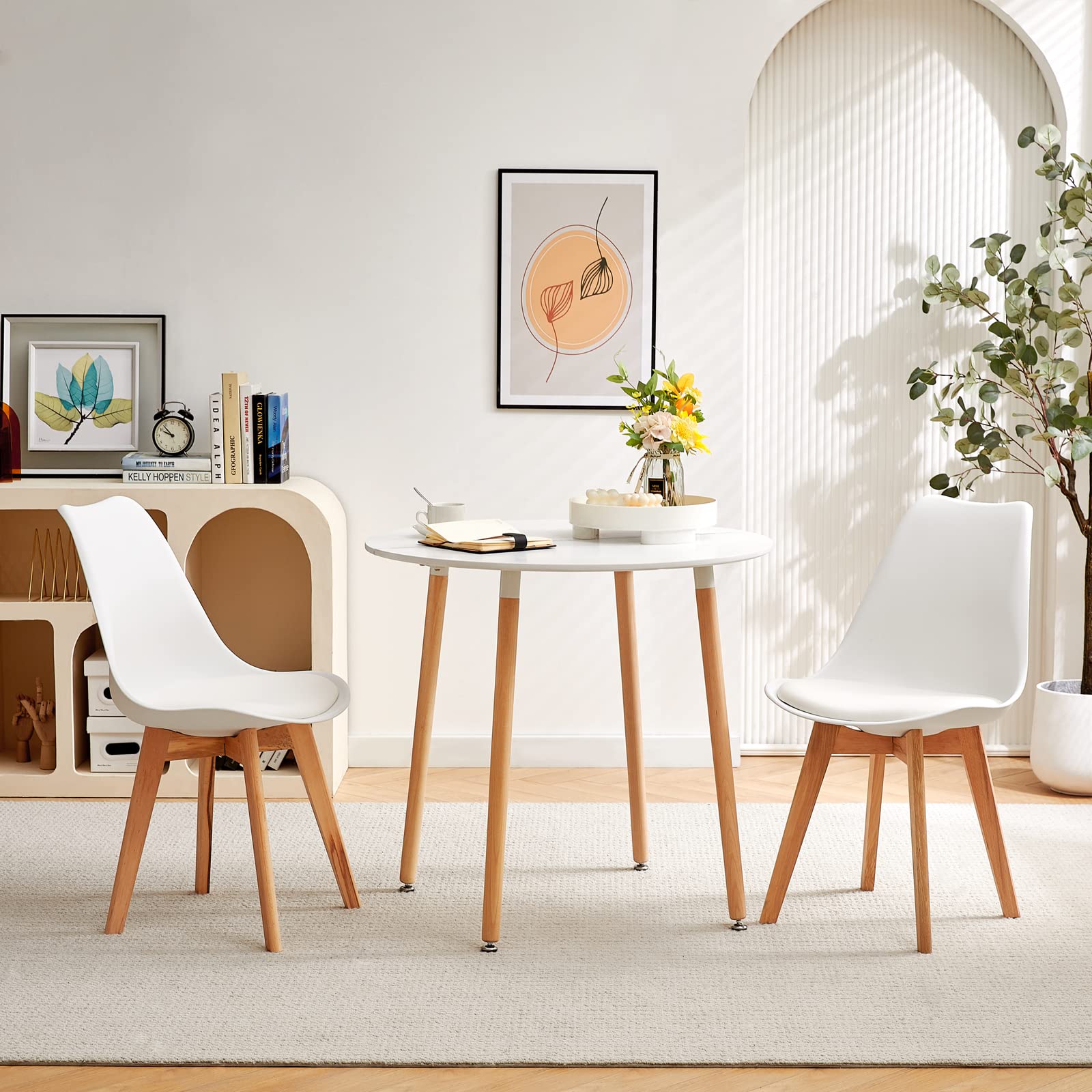 H.J WeDoo Tavolino da pranzo con 2 sedie, tavolo in legno e bianco scandinavo, set da pranzo per sala da pranzo, cucina, 80 cm