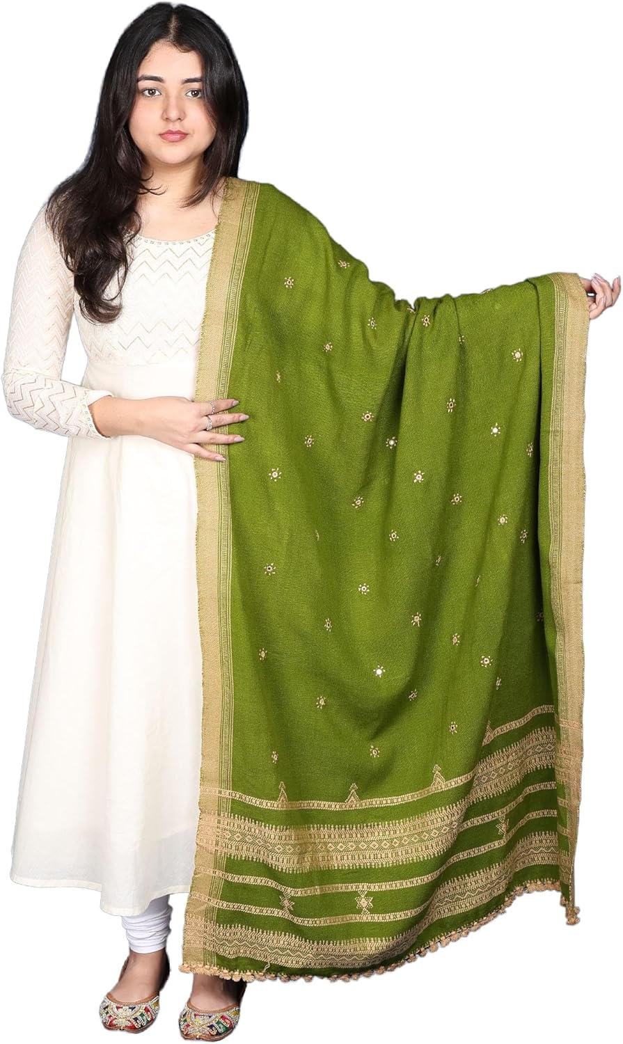 Exotic India Shawl from Kutch with Embroidered Flowers and Mirrors - Wool