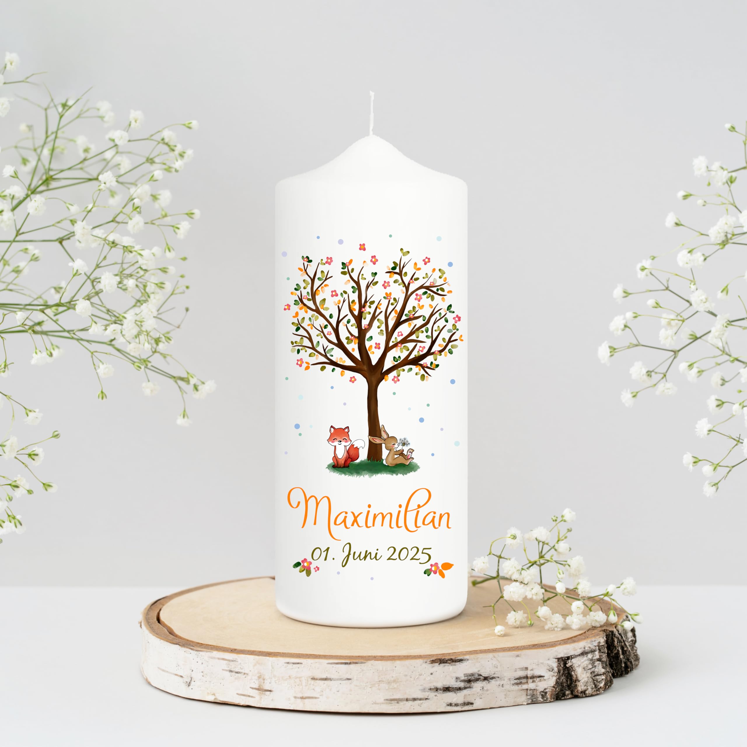 Wandtattoo Loft Taufkerze Junge Motiv Baum mit Hase und Fuchs, 25cm x 7cm, personalisierte Kerze, bedruckte Kerze zur Taufe, Stumpenkerze, individuelles Taufgeschenk