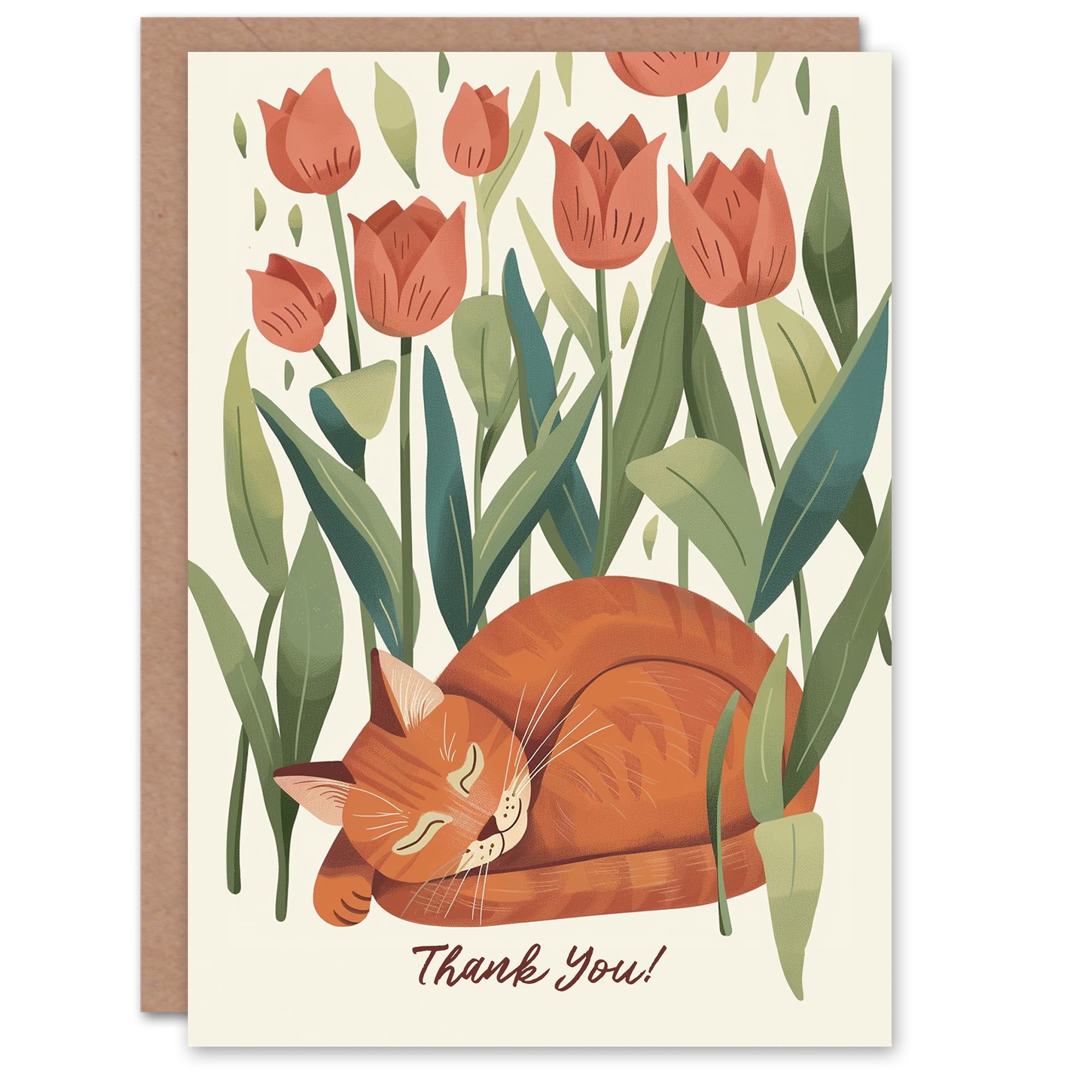 Artery8 Thank You Card Cat Lover Orange Tabby Sleeping Among Tulips For Her Gran Sister Niece Daughter Wife Woman Greeting Card