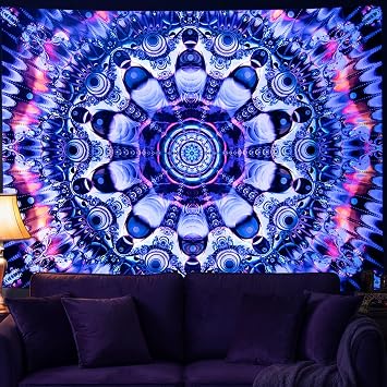 PRRPRR Blacklight Mandala Tapestry for Bedroom, UV Reactive Trippy Wal Tapestries, Bohemian Aesthetic Wall Art Decor for Adults Teens and Hippies Tapestries Mandala Blue, 78"x59"