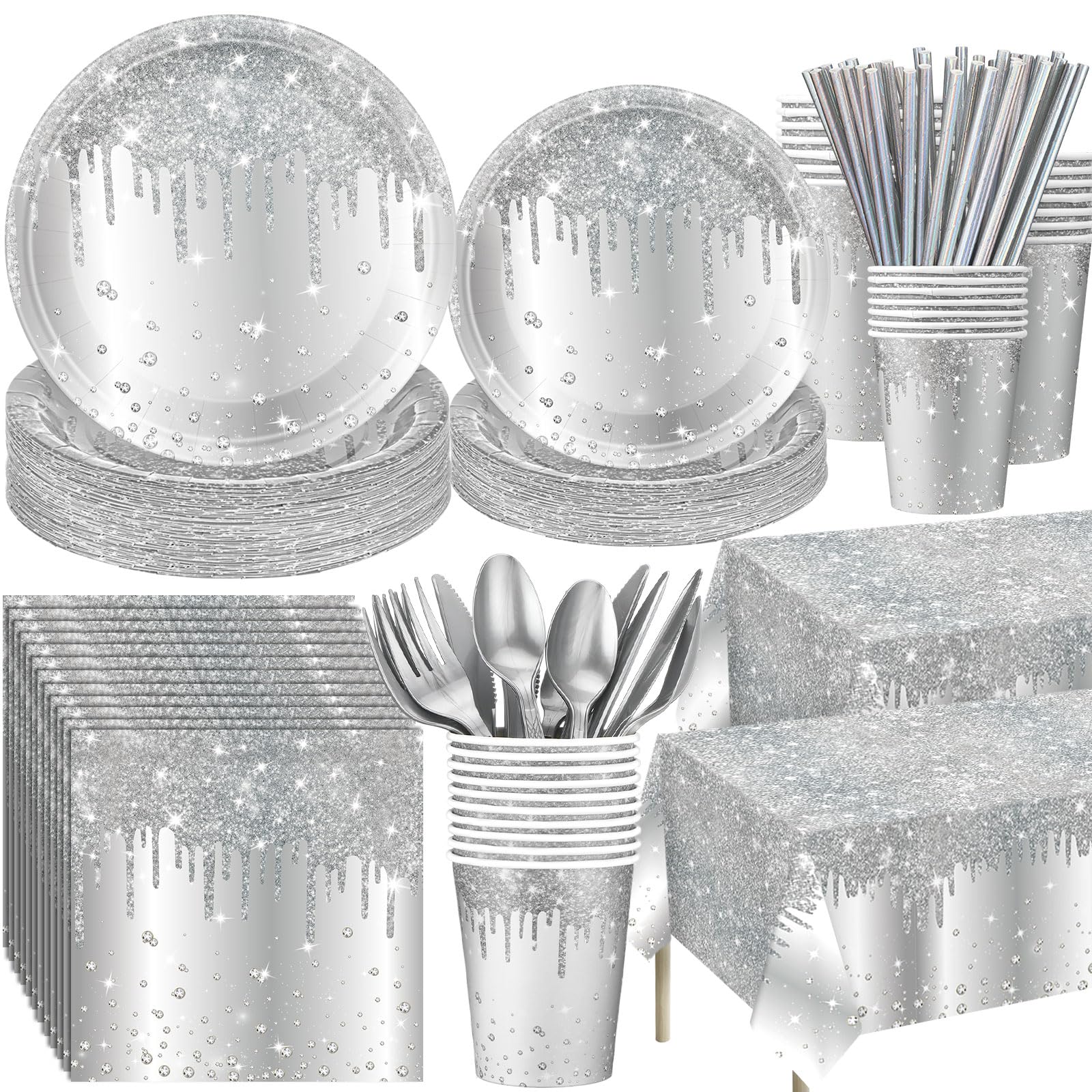 Funnymoom 452 Pcs Silver Birthday Party Decorations Include Diamonds Silver Glitter Paper Plates and Napkins Cups Tablecloth Cutlery Straws Disposable
