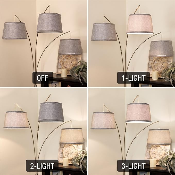 Kira Home Kira Home Akira Moderne vloerlamp, 3-vlammig, 200 cm, met 3-weg schakelaar, grijze jute lampenkappen + geborstelde nikkelafwerking photo 3