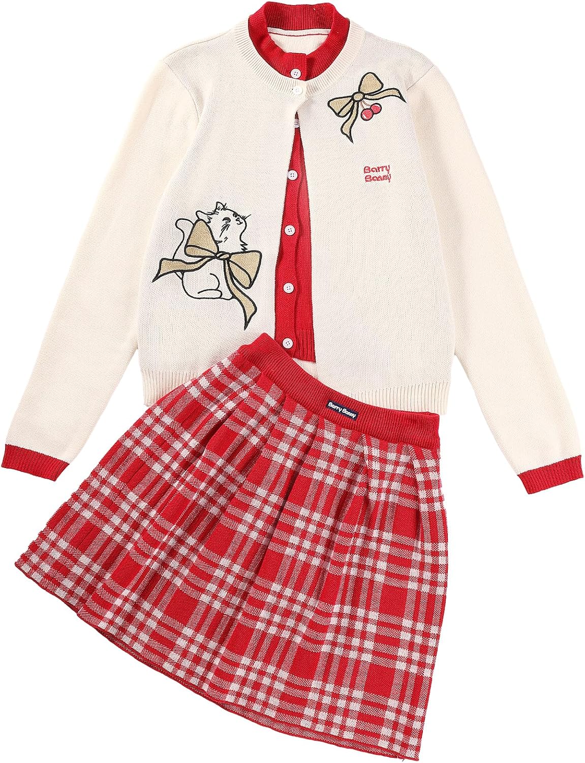 Girls 2 Piece Outfits Skirt Set, Cute Knitted Cardigan with Cat Bow Embroidery and Red Plaid Skirt For 6-16Y