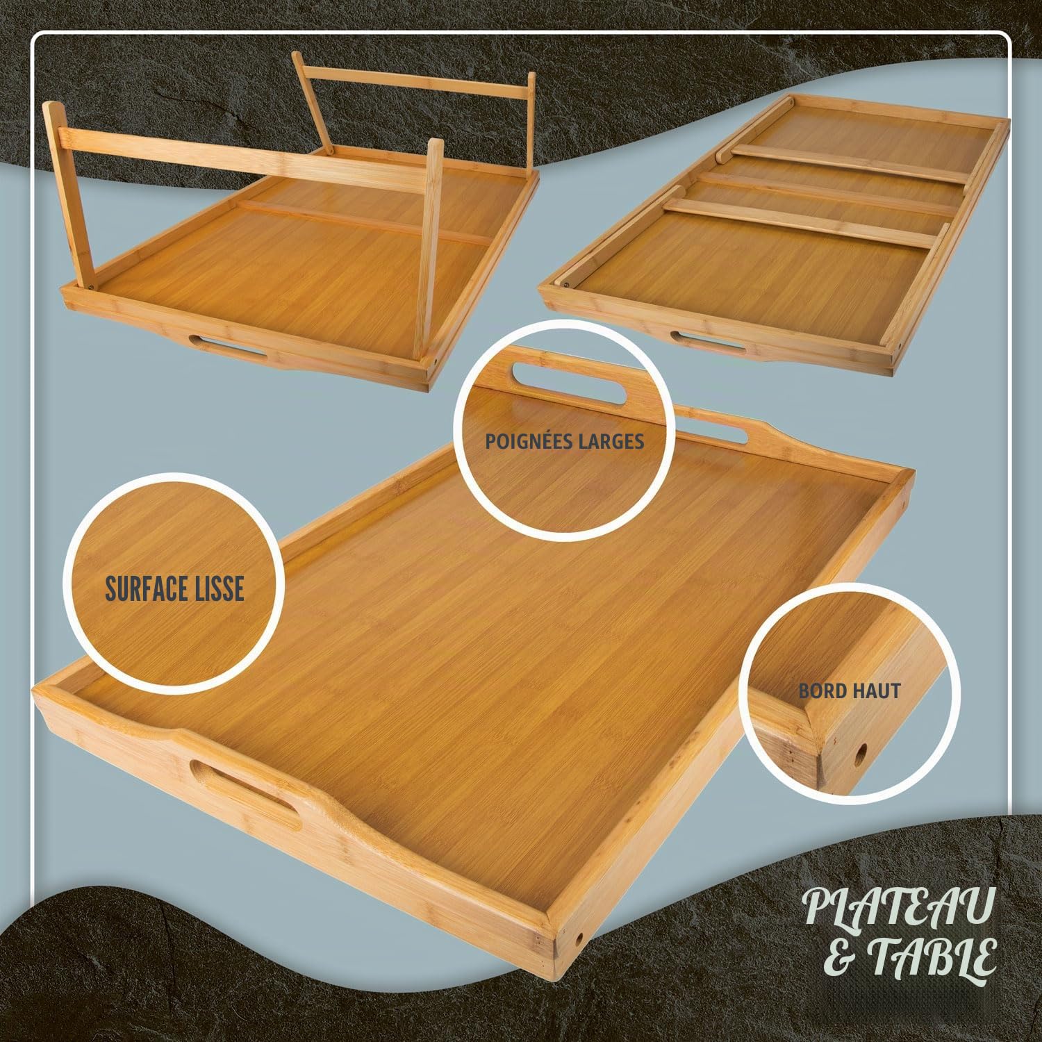 Plateau de Petit Déjeuner en Bambou, Table de Lit avec Pieds Pliables, Lapdesk pour Ordinateur Portable XXL Naturel