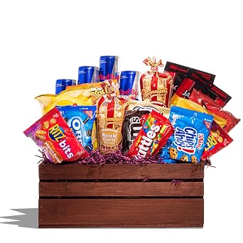 Snack Gift Basket Variety Pack with Chips, Cookies, Candy, Popcorn, Meat Snacks and Energy Drinks, Sweet and Savory Care Package Gift Box for Men, Fathers Day, Birthdays, College Students, Office Gifts and Appreciation Gifts