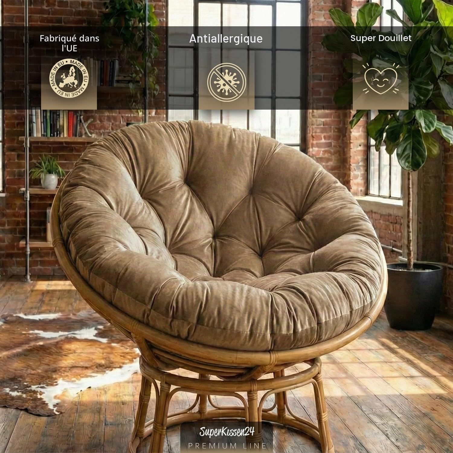 SuperKissen24. Coussin de Fauteuil Suspendu - Coussin Fauteuil Jardin - Oreillers de Oeuf Suspendu - Coussin Rond - Oreiller Moelleux - Beige