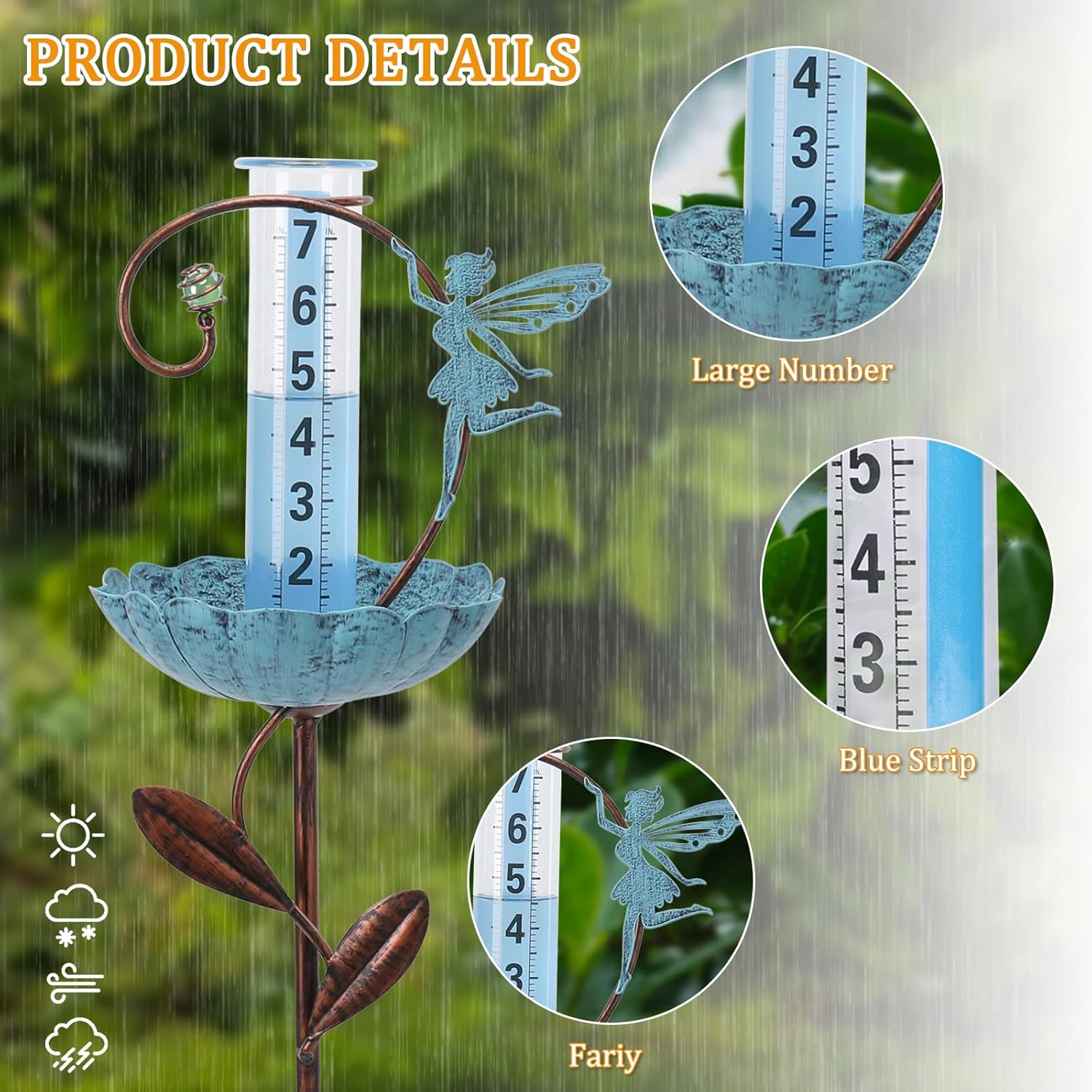 WONDER GARDEN Rain Gauge Outdoor, Decorative Fairy Rain Gauges Outdoors Best Rated, Freeze Proof Glass Water Rain Measure Gauge with Bird Feeder for Yard Patio Lawn Decor