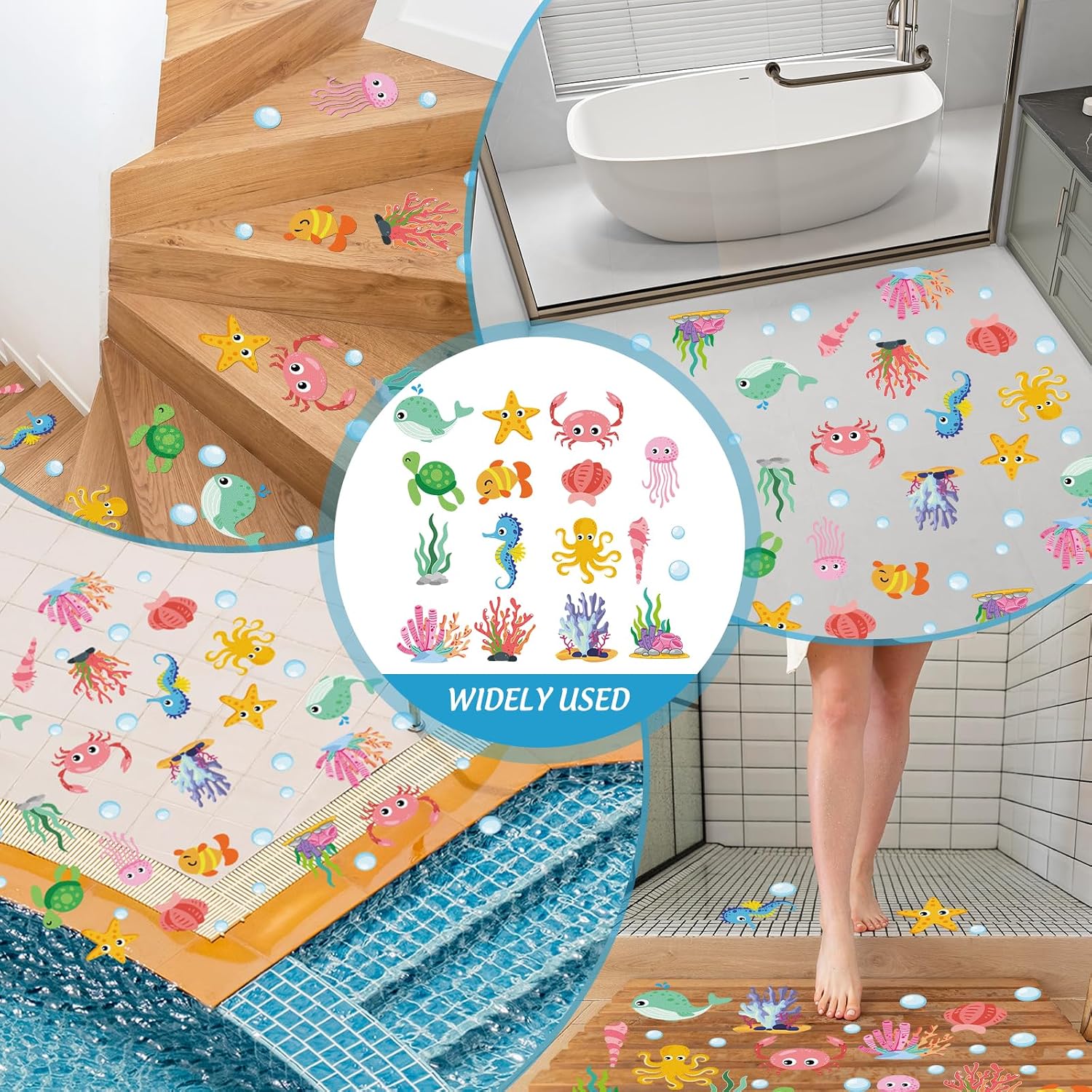 JarThenaAMCS 25 Pcs Bathtub Non-Slip Stickers for Shower Cute Ocean Creature Anti-Slip Grips Stickers with Scraper for Summer Bathroom Floor Decoration
