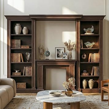 Homsee 112.6" Wide Bookshelf Bookcase with Fireplace Mantel Surround, 5-Tier Tall Wood Display Cabinet Storage Organizer for Home Library, Entertainment Center Wall Unit for Living Room, Brown Grain