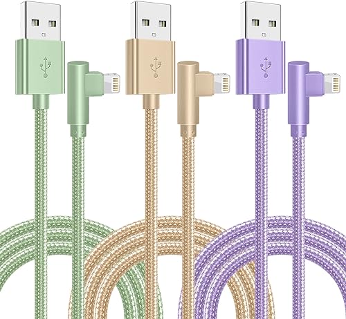 Cargador para iPhone, paquete de 3 cables Lightning de 6 pies [certificado Apple MFi] Cable de carga rápida para iPhone de 90 grados, cable trenzado