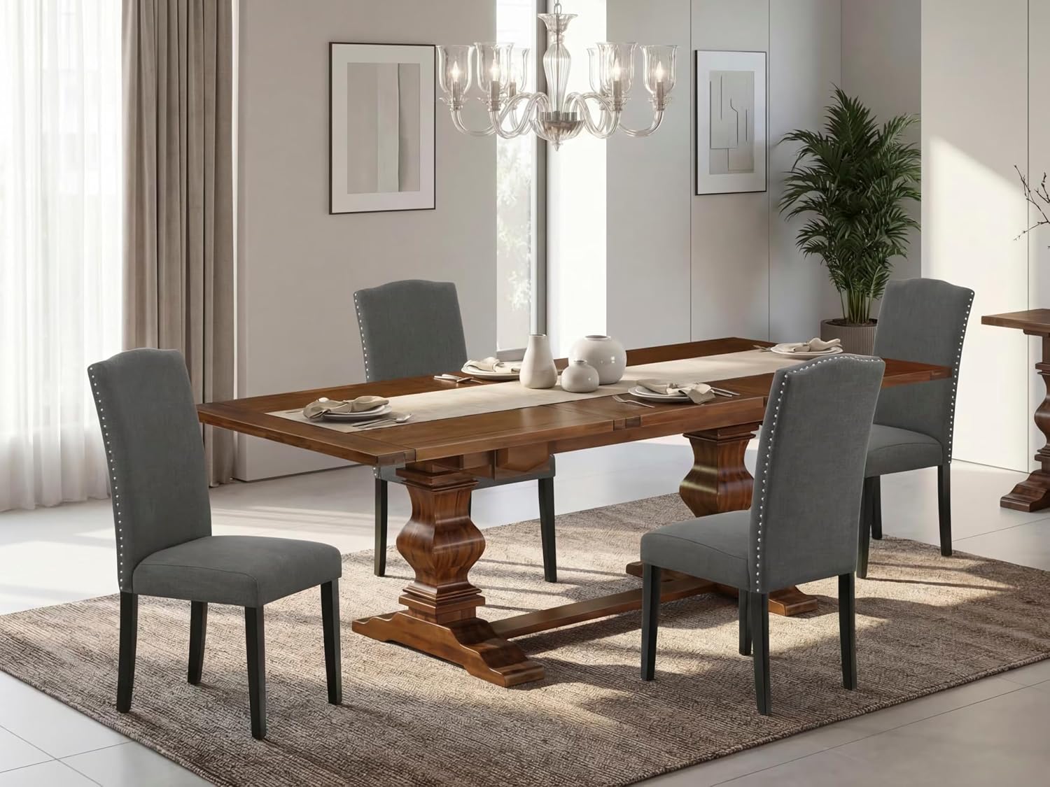 East West Furniture LAEN5-81-20 5 Piece Dining Table Set Includes a Rectangle Wooden Table with Removable Leaf and 4 Dark Gotham Linen Fabric Upholstered Chairs, 42x92 Inch, Walnut