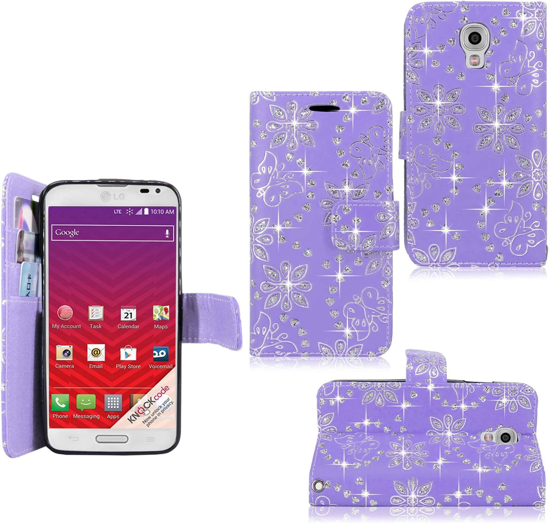 Cellularvilla Wallet Case for LG LS740 Volt Pu Leather Wallet Card Flip Open Pocket Case Cover Pouch (Purple Glitter)