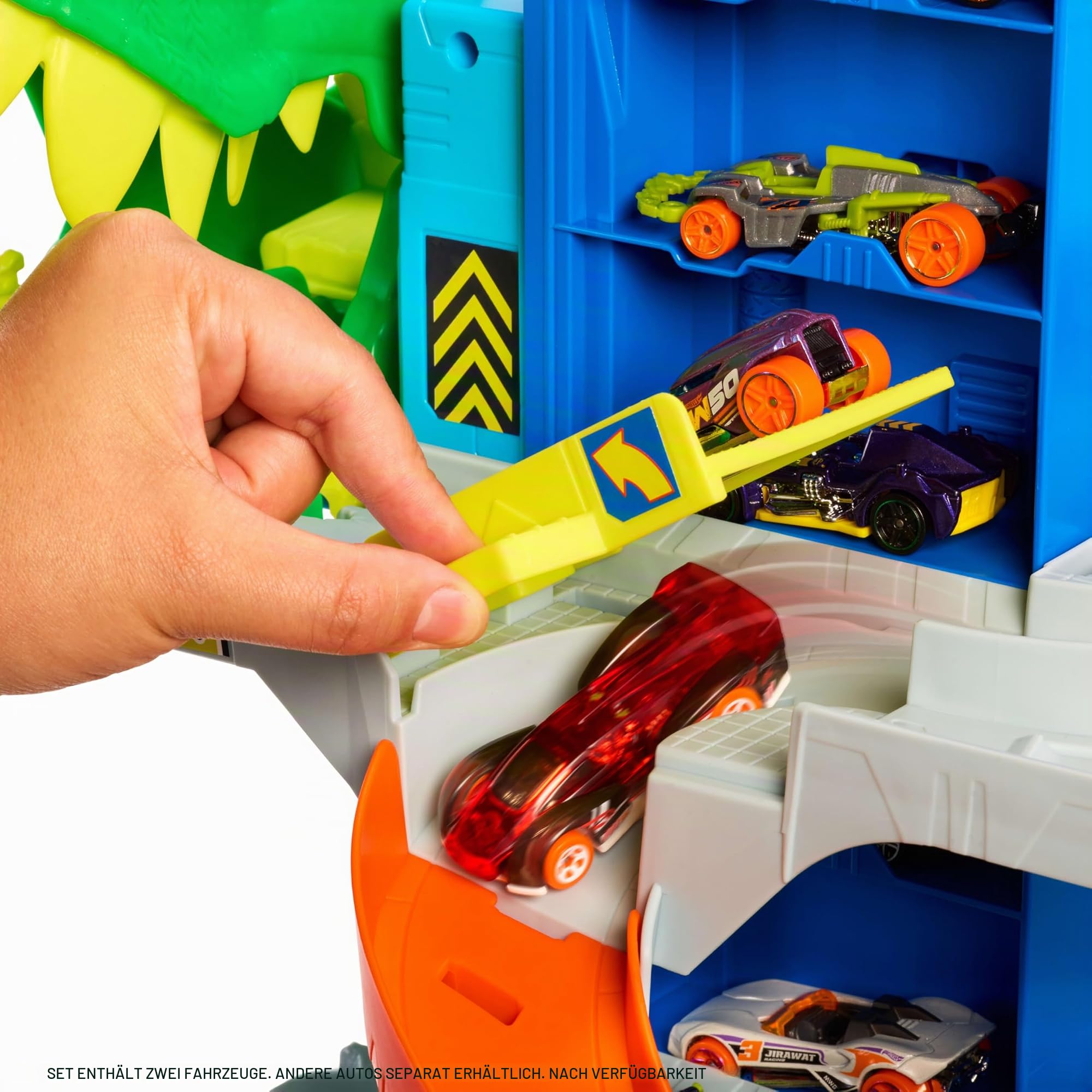 Hot Wheels City Ultimative T-Rex Garage und 2 Druckguss-Spielzeugautos