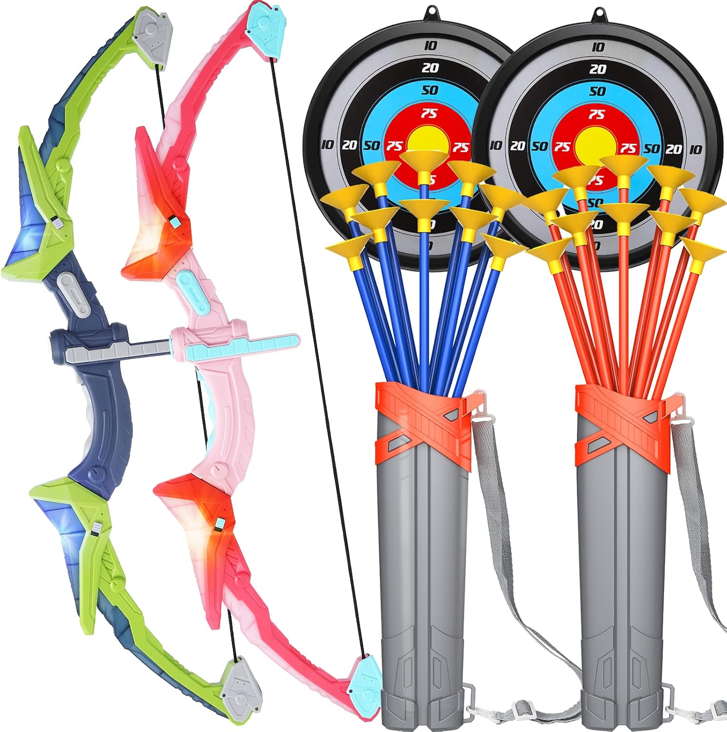 Kids Bow And Arrow Set With Light Up Bows - 20 Suction Cup Arrows, 2 Targets & Quivers, Indoor/Outdoor Toy