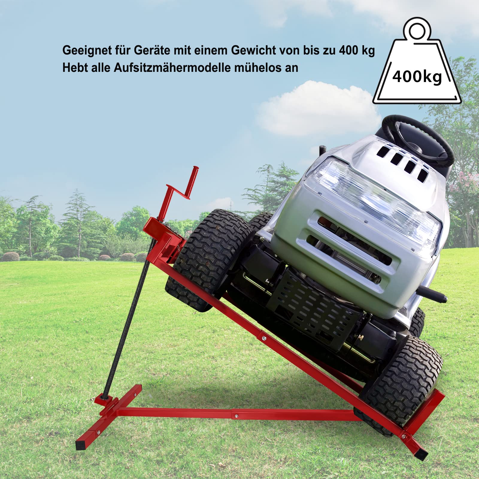 UISEBRT Rasentraktor Hebevorrichtung Rasenmäherheber Hebebühne Reinigungshilfe, Rasenmäher Jack Teleskop Rasentraktorheber Aufsitzmäher, bis max 400 kg, Rot