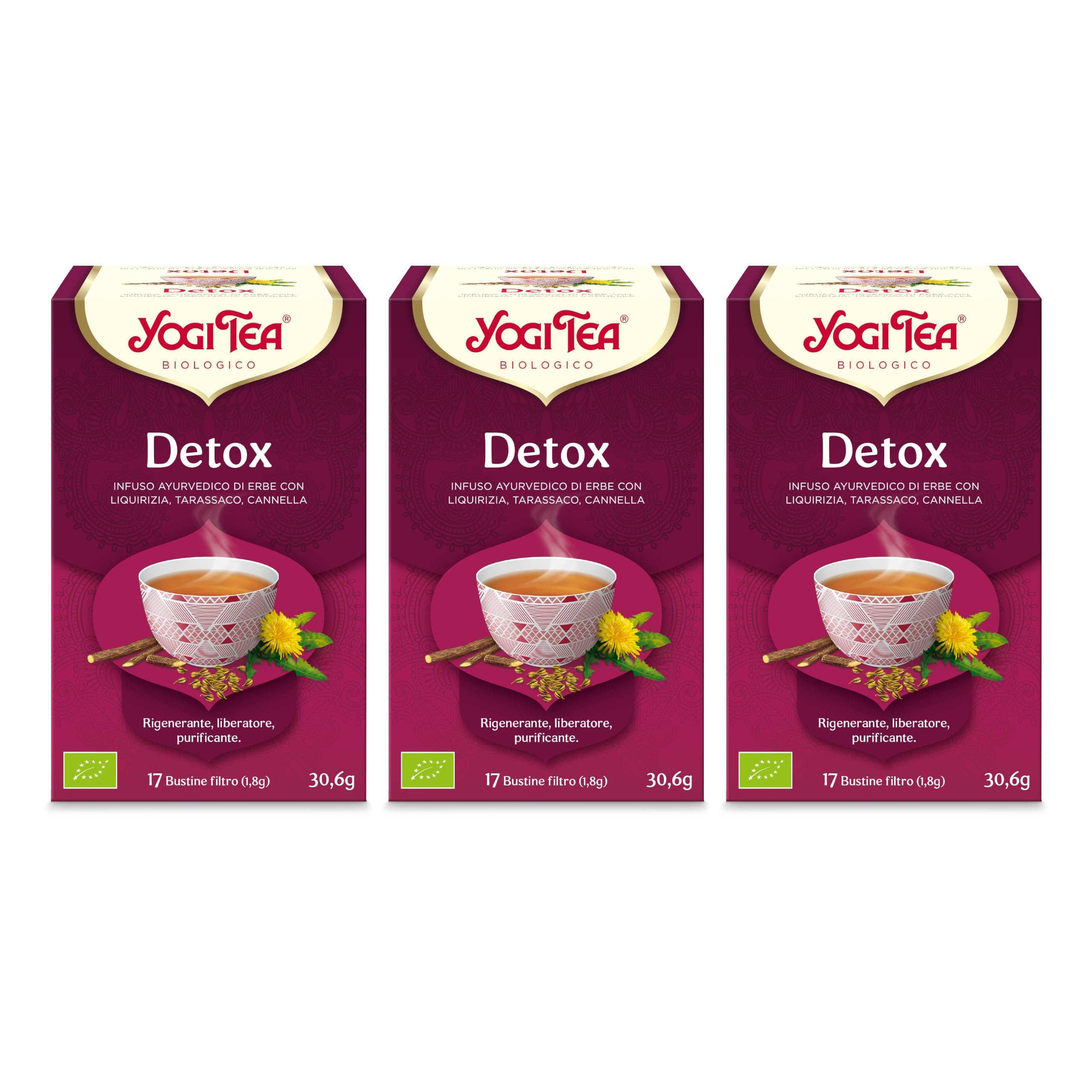 Yogi Tea - Detox Bio - Infuso Ayurvedico - Miscela di Liquiriza, Tarassaco, Cannella - Confezione da 3x17 bustine (51 bustine in totale)